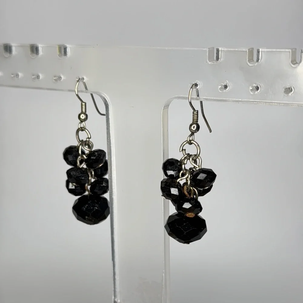 Black Cascading Bead Earrings with Silver Hooks